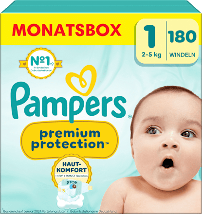 Windeln Premium Protection Gr.1 Newborn (2-5 kg), Halbmonatsbox, 180 St Windeln Premium Protection Gr.1 Newborn (2-5 kg), Halbmonatsbox, 180 St